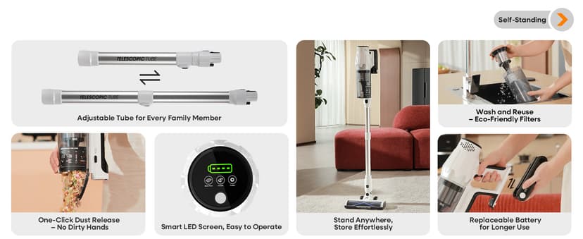 ElecKeys Cordless Vacuum Cleaner, 580W 48KPA 65Mins Vacuum Cleaners for Home, Self-Standing Anti-Tangle Vacuum with LED Display, Rechargeable, Lightweight, Cordless Vacuum for Floors/Pet Hair/Carpets