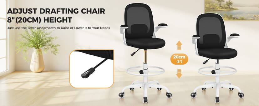 Primy Home Office Drafting Chair - Tall Desk Chair with Flip-up Armrests 3D Lumbar Support, Comfort Drafting Chair with Footrest for Standing Desk, High Chair for Bar Study Work