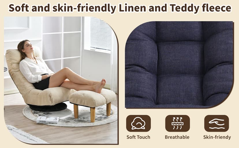 Swivel Lazy Floor Chair with Ottoman, Adjustable Reclining Floor Lounger with Back Support, Comfy Tatami Sofa Seat for Adults Bedroom & Gaming