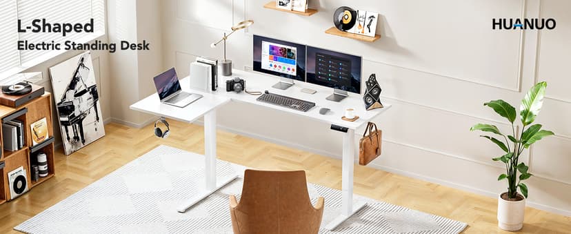 HUANUO L-Shaped Standing Desk, 63 x 40 inch Dual Motor Corner Standing Desk, Electric Height Adjustable Computer Desk with Cable Tray & 3 Preset Heights, Raising Desk for Home Office, White, HNESD109