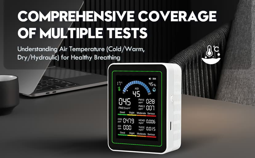 10 in 1 Indoor Air Quality Monitor, Portable Smartair Indoor Air Quality Tester, Portable Real-Time Detector, with AQI Fit for Home Cars Hotel Plants and Pets-White