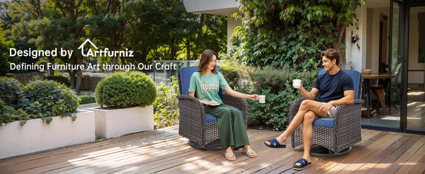 2 in 1 Porch Glider Swivel Chair - Wicker Patio Furniture Outdoor Swivel Rocker Chair with Thick Cushion, 300 Lb Weight Capacity Patio Swivel Glider Seating - Brown Wicker, Blue Cushion
