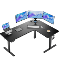 HUANUO 63″ L-Shaped Standing Desk, Built-in Power Outlets, Electric Height Adjustable Corner Computer Desk, Large Power Strip Holder, Sit Stand Up Desk with 3 Preset Heights, Vintage Brown