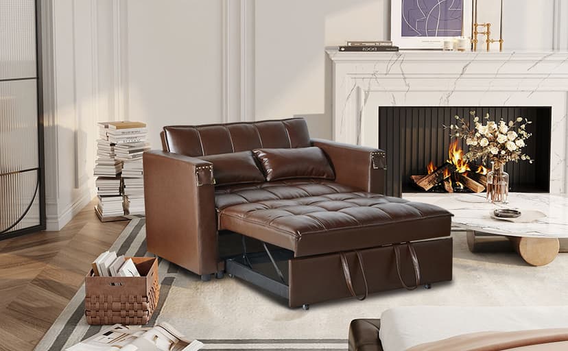 weselon Leather Convertible 3 in 1 Sleeper Sofa Bed, Small Upholstered Loveseat Pull Out Couch, Multi-Functional Sleeper Futon with Hidden Table and Adjustable Backrest for Living Room (Brown)