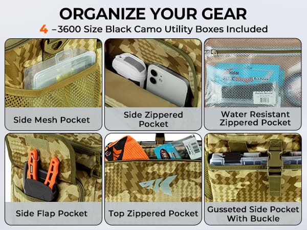 KastKing BaitSpace Fishing Tackle Bag With 4 Tackle Boxes & Removable Bait Binder, Water-Resistant Tackle Storage, Durable Fishing Gear, Adjustable Shoulder Strap