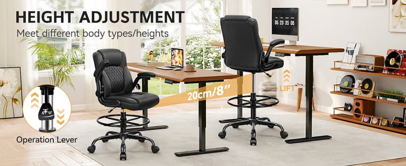 Drafting Chair,Tall Office Chair for Standing Desk,High Executive Leather Ergonomic Computer Chair with Adjustable Height and Flip-Up Armrest for Counter Height Desk,Black