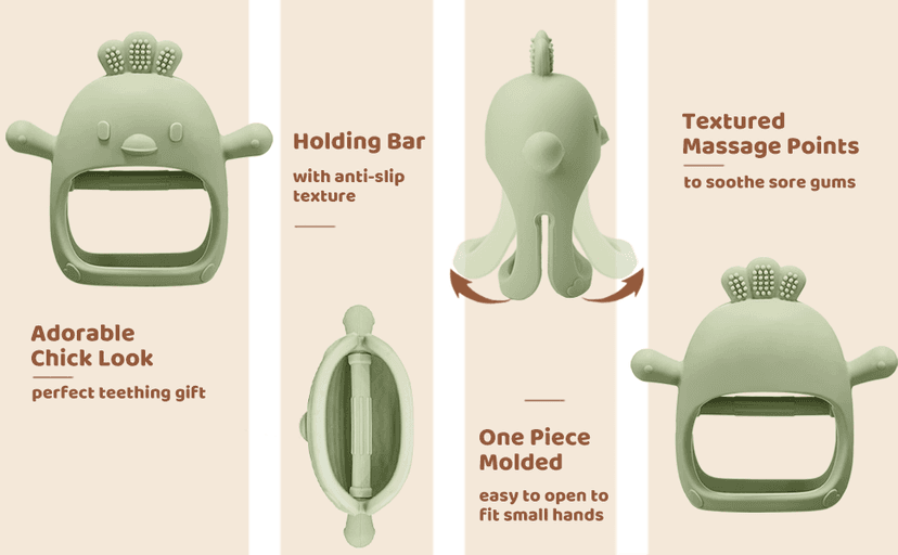 2 Pack Baby Teething Toy Silicone Teething Mitten for Babies Over 3 Months Anti Dropping Wrist Hand Teethers Baby Chew Toys for Sucking Needs, BPA Free (Green & Caramel)