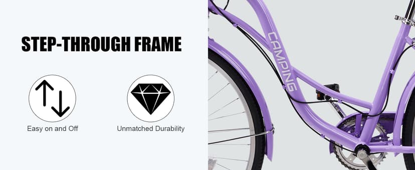 26" Cruiser Bike Commuter Bike 7 Speed Women's Bicycle Beach Cruiser with Ergonomic Upright Design, Adjustable Saddle, Dual Fenders & V Brake and High Carbon Steel Frame