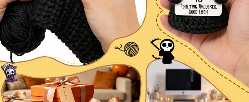 Unique 18th Birthday Gifts for Women Men - Mini Handmade Crochet Grim Reaper - Adulting Funny 18 Year Old Milestone Gag Gifts for Him Her - Handmade Crochet Desk Decor B0GS9Q8J46