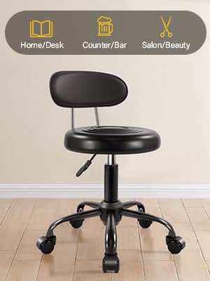 WKWKER Rolling Stool with Wheels Swivel Stool with Back Height Adjustable Chair PU Leather Rolling Chair Ideal for SPA Salon Home Office Drafting Work (Black)