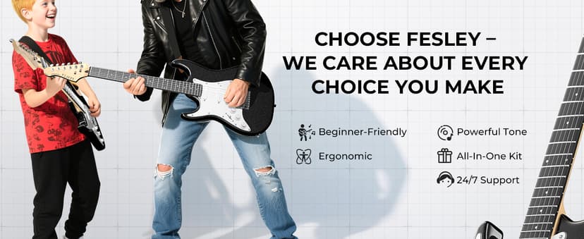 Fesley Left-Handed Electric Guitar: 39" Full Size Beginner Electric Guitar Kit, HSS Pickup, Solid Body Guitar Starter Set with Amplifier, Bag, Strap, String, Cable, FST100L, Black