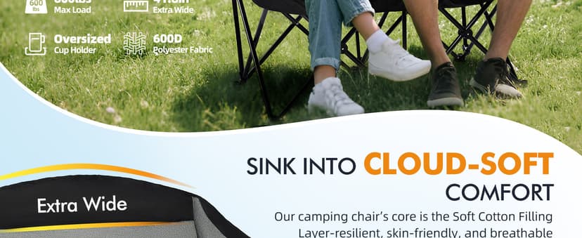 Double Camping Chair Loveseat - 2 Person Oversized Camping Couch for Adults Padded Heavy Duty Outdoor Lawn Beach Portable Folding Chairs with Cup Holders and Carry Bag Support 600lbs, Black/Grey