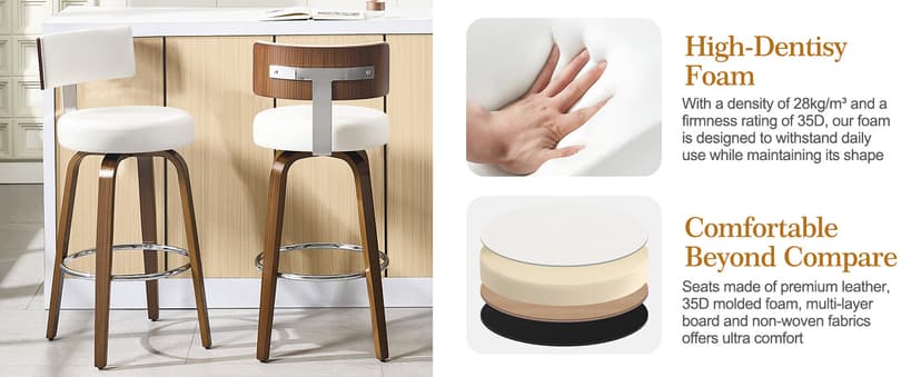 Bekrvio Swivel Counter Height Bar Stools Set of 3, Faux Leather Kitchen Stools Upholstered Barstools with Back, Walnut Wood Legs, Mid Century Island Chairs Counter Stools, 26" Seat Height, White