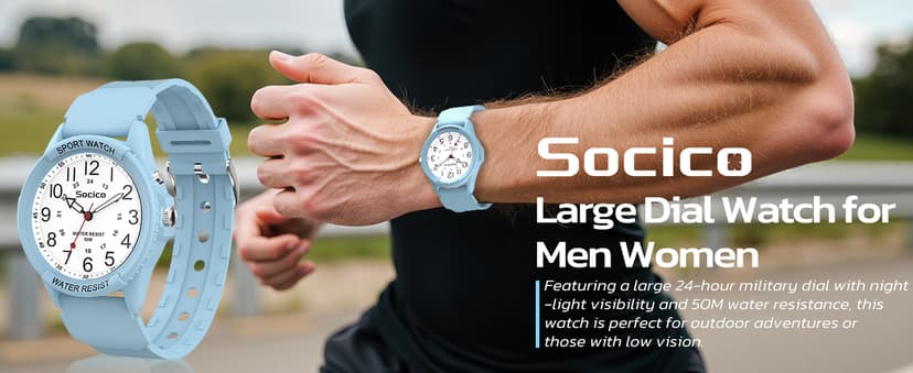 SOCICO Watch for Men Women Big Face Classic Analog Quartz Sports Backlight Unisex Waterproof Nurse Watch for Medical Army Military Time with Second Hand Easy to Read Casual Wristwatch
