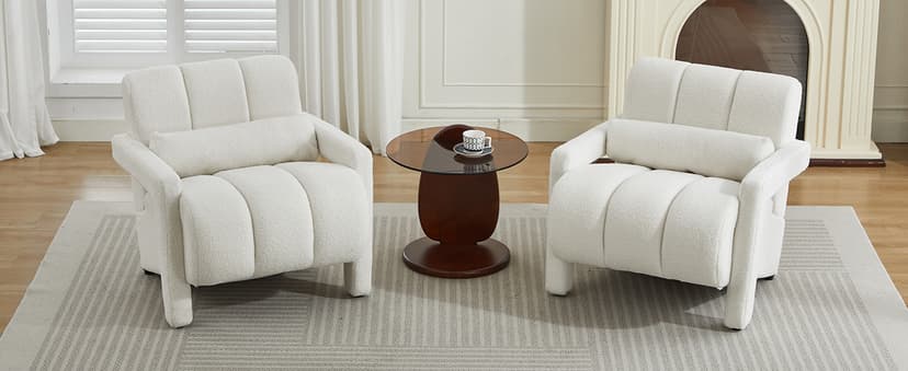 LOULENS Lambswool Accent Chair, Modern Upholstered Sherpa Accent Chair, Comfy Teddy Single Armchair with Pillow for Living Room, Bedroom (Beige, Backrest Under The Cushion)