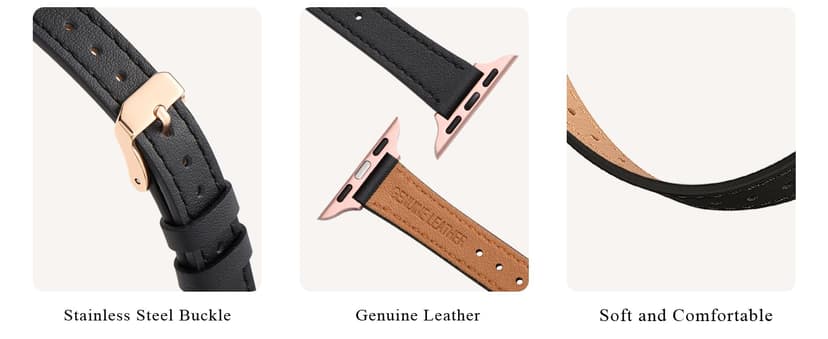 STIROLL Slim Leather Bands Compatible with Apple Watch Band 38mm 40mm 41mm 42mm(Series 11 10), Top Grain Leather Watch Thin Wristband for iWatch SE 9 8 7 6 5 4 3 2 1 (Black Rose Gold)