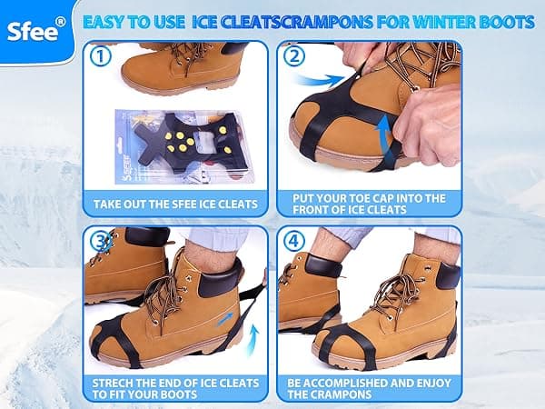 Sfee Ice Cleats for Boots Shoes, Snow Grips Cleats for Ice and Snow Anti-Slip Rubber Traction Cleats for Walking on Snow and Ice 10 Steel Studs Crampons for Hiking, Walking, Climbing, Jogging