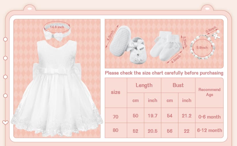 5 Pcs Baby Girl Baptism Outfit Includes Lace Christening Dresses Bowknot Headwear Cross Charm Bracelet Socks Shoes