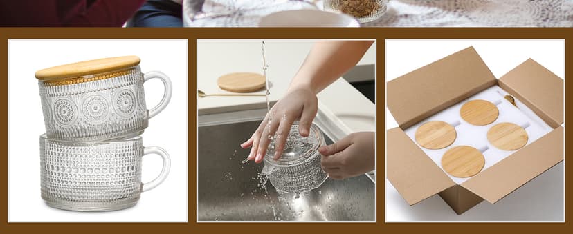 LANDNEOO 4pcs Set Vintage Coffee Mugs gifts for women, Overnight Oats Containers with Bamboo Lids and Spoons - 14oz Clear Embossed Glass Cups, Cute Coffee Bar Accessories, Iced Coffee Glasses