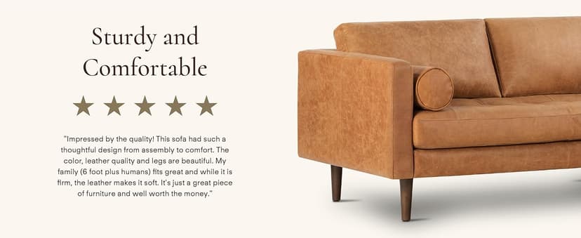 POLY & BARK Napa 88.5" Leather Sofa – Full-Grain Italian-Tanned Aniline Leather, Feather-Down Comfort, Solid Wood Frame, Walnut Legs, Cognac Tan