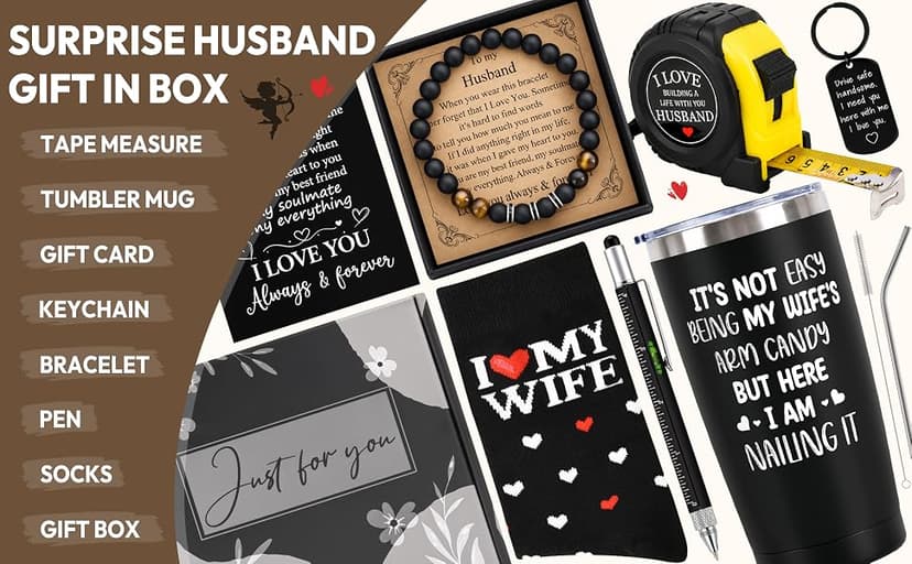 Best Gift for Husband Unique Birthday Gift Including Tumbler Mug Socks Bracelet Tape Measure Keychain Multitool Pen for Anniversary Birthday Christmas B0HHMQ7ZJY