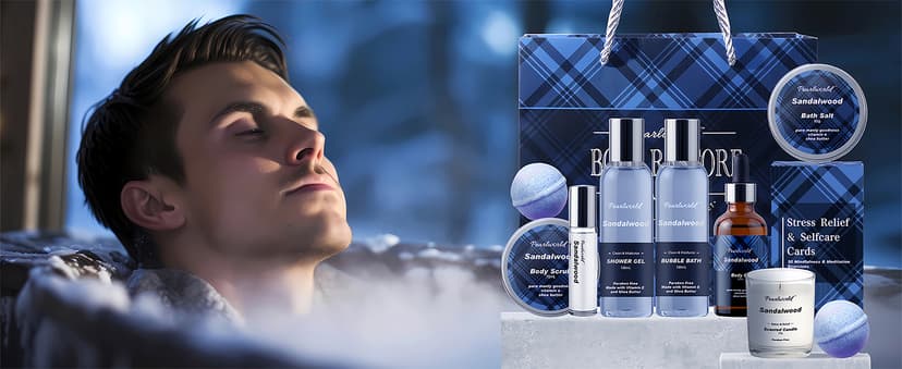 PEARLWORLD Bath Set with Ocean Scented Spa Gifts for Men, Christmas Birthday Self Skin Care Set for Men, Spa Gift Baskets for Him, 12Pcs Men's Spa Kit Gifts for Bath Spa
