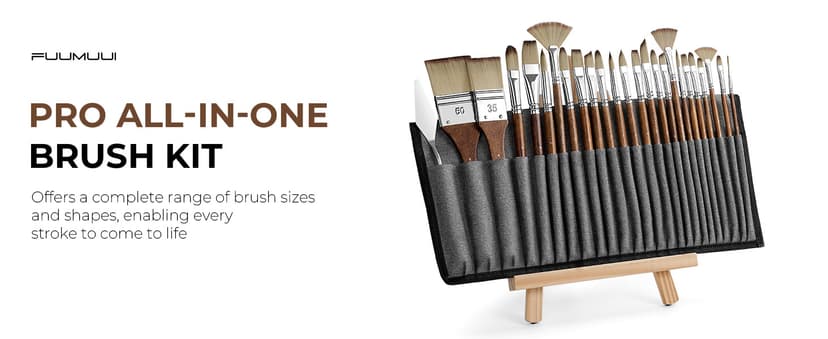 Fuumuui 25pcs Paint Brush Set, Professional 9 Shapes with Wide Flat, Filbert, Fan, Dagger, Cat Tongue, Round, Angle, Rigger for Acrylic Oil Watercolor | Includes Palette Knife & Waterproof Canvas Roll B0CCHK9L7G