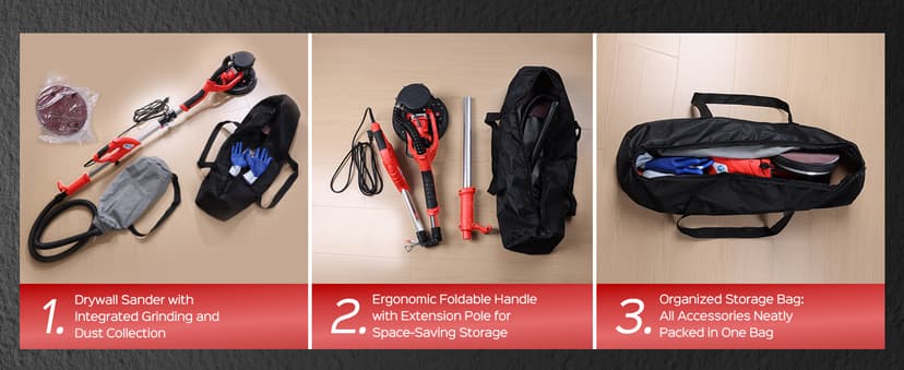 Drywall Sander, 2025 Upgraded 8-Amp Popcorn Ceiling Removal Tool with 7 Variable Speed 800-1800RPM, Drywall Sander with Vacuum Dust Collector with Extendable Handle, LED Light, 12pcs Sanding Discs,Red