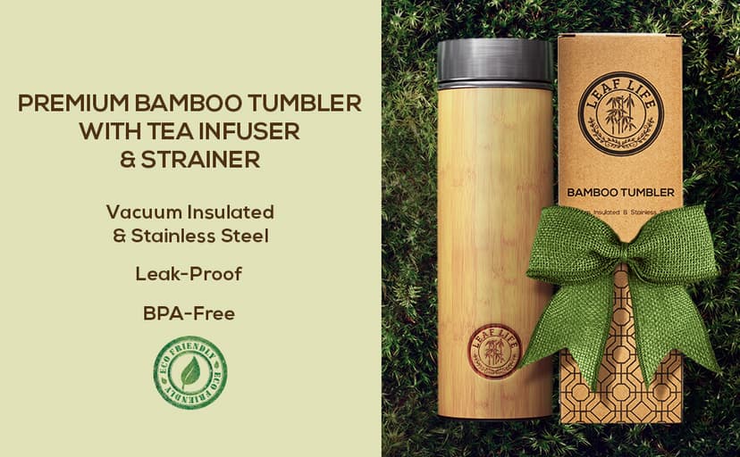 LeafLife Premium Bamboo Tea Bottle for Loose Tea - Tea Infuser Bottle - Tea Gifts - Insulated Water Bottle/Coffee Tumbler/Tea - Tea Gift Set, Tea Accessories - Tea Tumbler 17oz