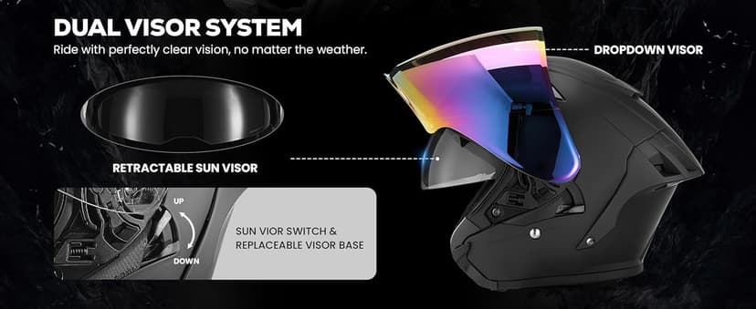 XFMT 3/4 Open Face Motorcycle Helmet Dual Visor Moped Street Bike Scooter Helmet with Internal Sunshield for Adults Men & Women, DOT Approved