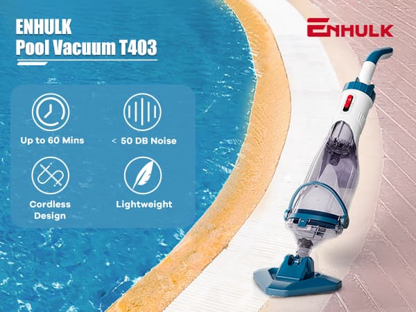 Pool Vacuum for Above Ground Pool with a Telescopic Pole, Running time up to 1H, T403 Handheld Rechargeable Pool Cleaner with Powerful Suction up to 18.5 gallons/min, Ideal for Leaves, Debris
