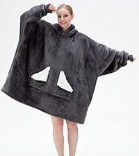 Touchat Wearable Blanket Hoodie, Oversized Sherpa Fleece Sweatshirt Blanket with Giant Hood Pocket and Sleeves for Adult, Warm & Cozy Grey Blanket Gifts for Women