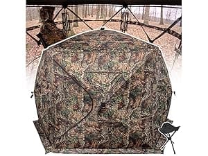 Wide Bottom Hunting Blind 1-3 Person with Portable Chair, 270 Degree See Through Pop up Ground Blinds for Deer Turkey Duck Hunting, Bow Hunting Adjust Windows with Silent Zipper