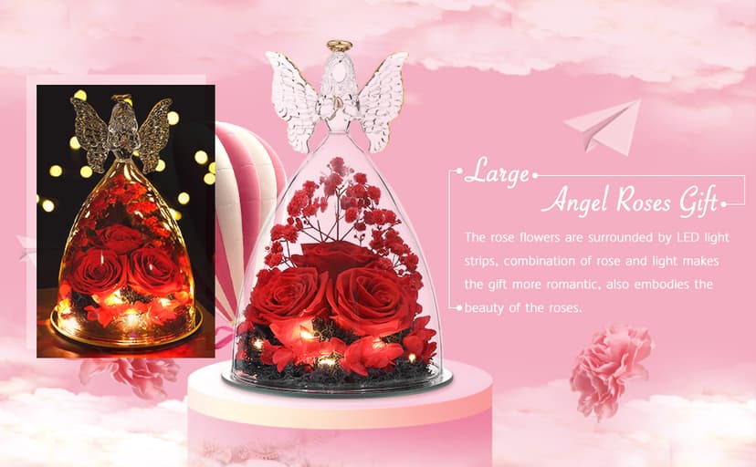 Christmas Rose Gifts for Women Preserved Real Flower in Glass Angel Figurines Roses for Delivery Prime Birthday Gifts for Mom Grandma Girlfriend Wife Her - Purple