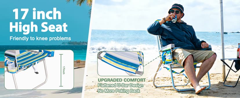 Romswi Tall Beach Chair Extra Wide for Adults, 17" High Seat Backpack Beach Chair with Cooler Bag, Cup & Phone Holder, 5-Position High Back Reclining Chair with Towel Bar & Zipper Pocket, Blue Stripes