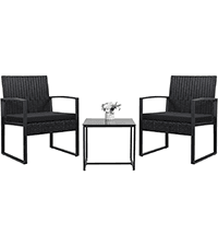 Devoko Dining 7 PCS Furniture, Patio Conversation Set with Acacia Wood Table Top, Outdoor, Beige Cushion and Black Rattan
