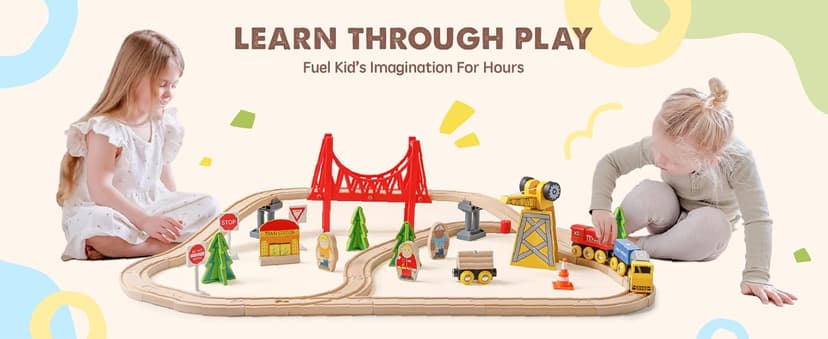 Tiny Land 55PCS Wooden Train Set - Compatible with Major Brand Tracks, Educational Toy for Toddlers & Kids Ages 3-7, Durable Wooden Railway Tracks