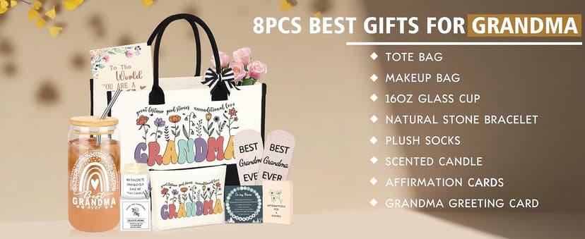 Grandma Gifts for Birthday Tote Bag Grandma Gifts Set from Granddaughter Grandson Grandchildren Grandkids Best Grandma Gifts Basket Tote Bag Makeup Bag 16 Oz Can Glass Bead Bracelet