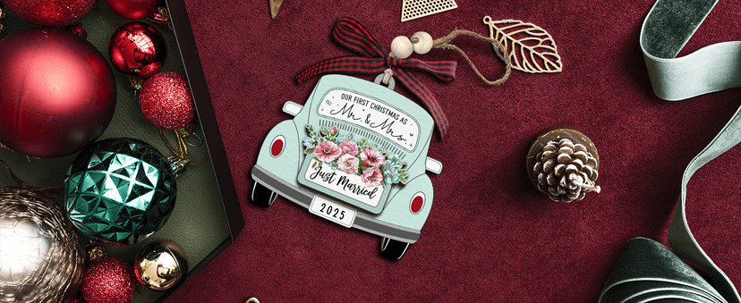 TUMSHANIP First Christmas Married Ornament 2025 - Wedding Ornaments - Wedding Gifts for Couples 2025, Newlyweds, Bride - Mr and Mrs Gifts - Just Married Couple Gift - Wood Ornament