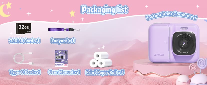 Kids Camera, 1080P Instant Digital Print Camera for Kids, Christmas Birthday Gifts for 4 5 6 7 8 9 10 Year Old Girls Boys, Portable Toy with 32GB SD Card & 3 Rolls Printing Paper, Purple