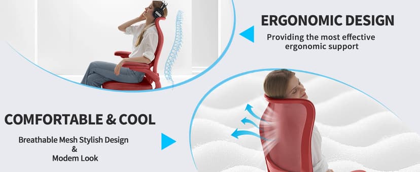 TRALT Ergonomic Office Chair - Desk Chair with Wave High Back Adjustable Lumbar Support Computer Chair - Gaming Chairs Mesh Backrest and PU Leather Seat (RED)