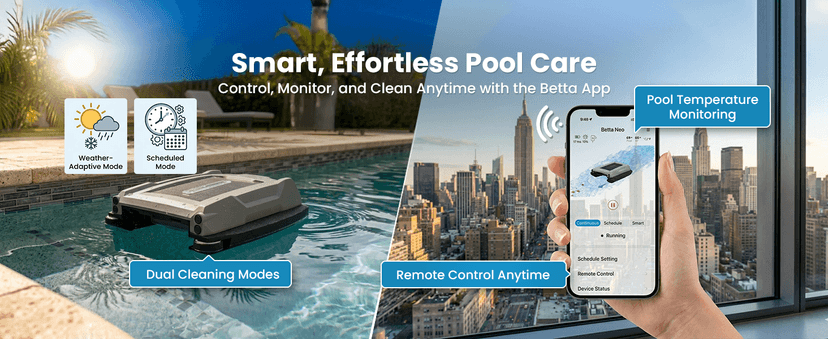 Betta Neo Solar-Powered Robotic Pool Skimmer with App Control & Ultra Long-Range Gateway System, Weather-Adaptive & Scheduled Cleaning, Dual Charging Options, for In-Ground & Above-Ground Pools (Blue)