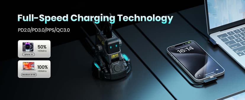 GravaStar 65W Alpha65 Robot Fast GaN Charger Block, 3-Port Fast Charger, Foldable Wall USB C Charger for iPhone, MacBook, iPad, Laptop, Steam Deck, Gifts for Men (65W, Gray)