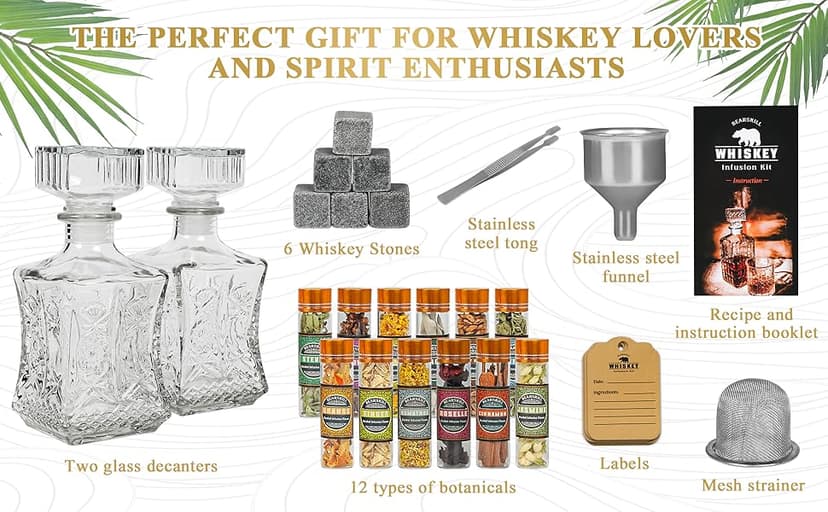 Alcohol Infusion Kit, DIY Whiskey Making Kit for Infusing Bourbon, Rye, Gin, Vodka, Tequila, Rum with Custom Botanicals, Perfect Alcohol Infusion Kits Whiskey Gifts for Men, Dad, Husband