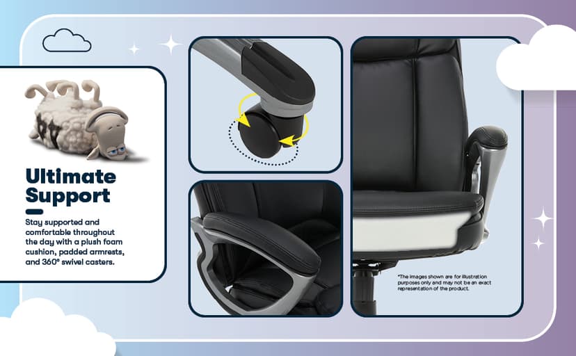 Serta Fairbanks Big and Tall Executive Office Chair - Ergonomic High Back Computer Desk Chair with Lumbar Support, Memory Foam Seat Cushion, Padded Armrests, Bonded Leather, 350 lb Capacity - Black