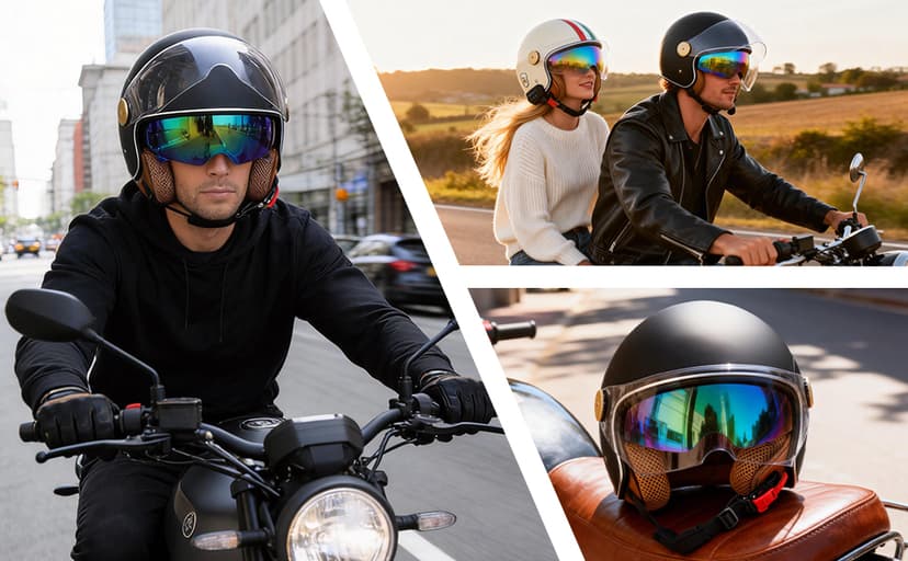 Retro Bluetooth 3/4 Open Face Motorcycle Half Helmet for Men Women - Dual Visors DOT Approved Lightweight Vintage Motorbike Helmet for Scooter Moped ATV Street Dirt Bike Commuting