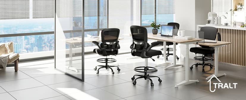 TRALT Drafting Chair - Tall Office Chair for Standing Desk - High Office Chair with Adjustable Footrest Ring Lumbar Support - Tall Office Chairs for Home Office with Flip-Up Armrests (Black)