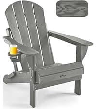 Ciokea Folding Adirondack Chair with Retractable Ottoman Fire Pit Patio Chair with Pull Out Foot Rest Weather Resistant Lawn Outdoor Lounge Chair with 2 Cup Holder (Grey)