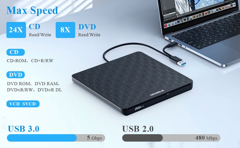 ORIGBELIE External CD DVD Drive for Laptop, USB 3.0 Type-C Ultra Slim 13mm DVD Player Portable CD DVD +/-RW Drive CD Burner Reader Writer Recorder for Desktop PC Windows 11/10/8/7 Linux Mac OS (Black)