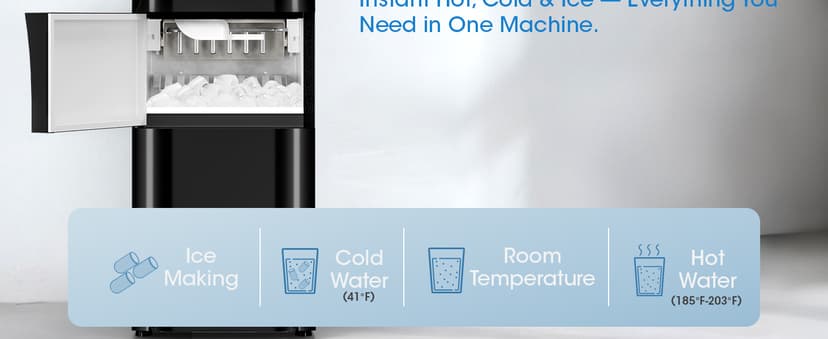 Manastin 4-in-1 Water Dispenser with Ice Maker, Hot & Cold & Room Temperature Top Loading Water Cooler with Fast Ice Making, Compatible with 3–5 Gallon Bottles, for Home and Office, Space Black